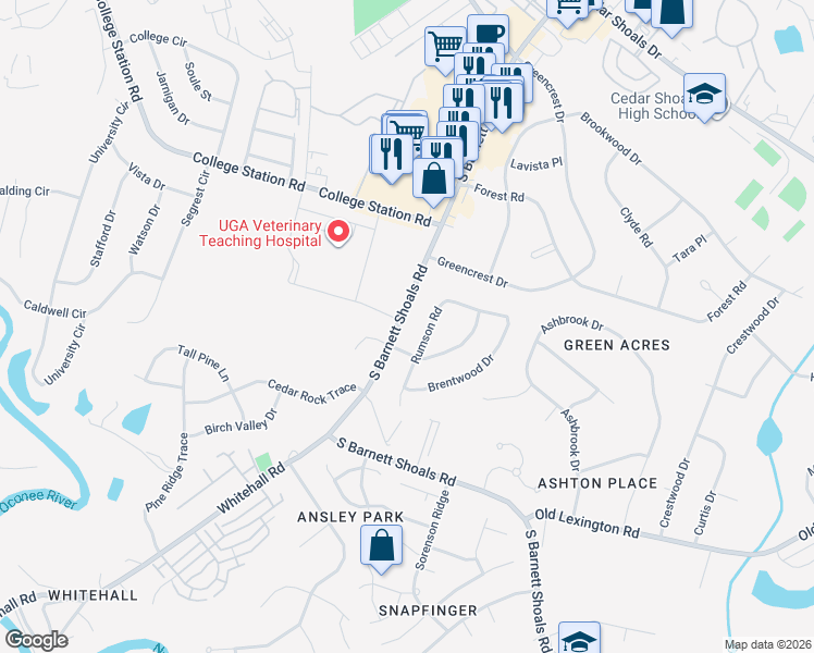 map of restaurants, bars, coffee shops, grocery stores, and more near 275 Rumson Road in Athens