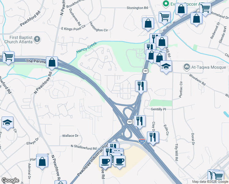 map of restaurants, bars, coffee shops, grocery stores, and more near 2701 Cedar Pine Way in Doraville
