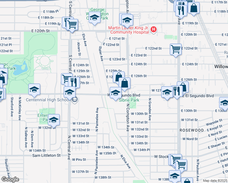 map of restaurants, bars, coffee shops, grocery stores, and more near 1513 West El Segundo Boulevard in Compton