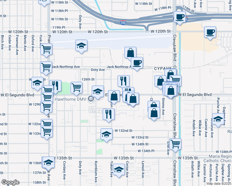 map of restaurants, bars, coffee shops, grocery stores, and more near 3547 West El Segundo Boulevard in Hawthorne