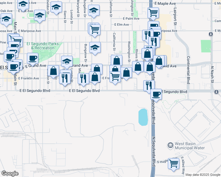map of restaurants, bars, coffee shops, grocery stores, and more near 1267 East El Segundo Boulevard in El Segundo