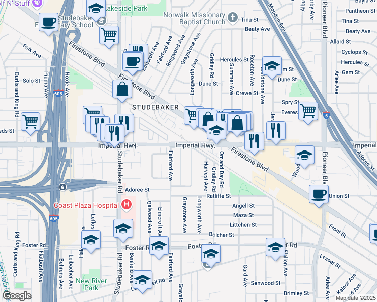 map of restaurants, bars, coffee shops, grocery stores, and more near 12613 Longworth Avenue in Norwalk