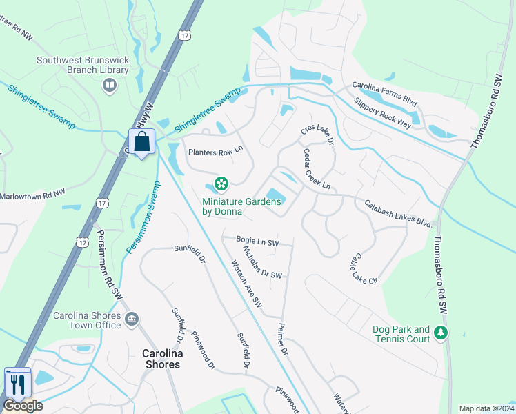 map of restaurants, bars, coffee shops, grocery stores, and more near 1999 Coleman Lake Drive in Calabash