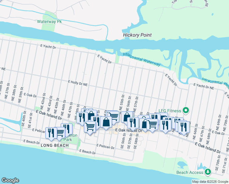 map of restaurants, bars, coffee shops, grocery stores, and more near 300 Northeast 52nd Street in Oak Island