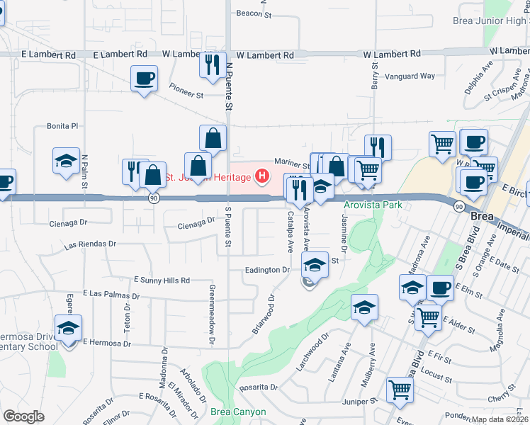 map of restaurants, bars, coffee shops, grocery stores, and more near 934 Oleander Street in Brea