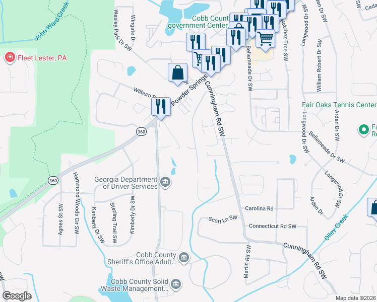 map of restaurants, bars, coffee shops, grocery stores, and more near 865 Westward Court Southwest in Marietta