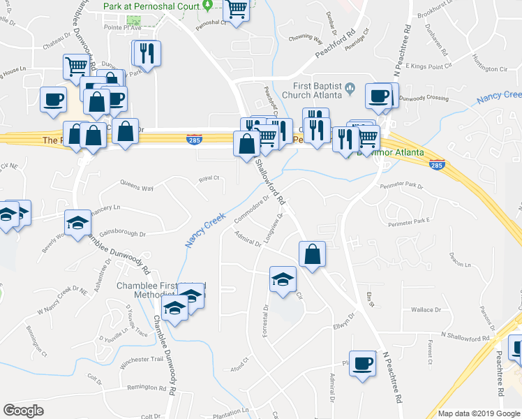 map of restaurants, bars, coffee shops, grocery stores, and more near 4211 Commodore Drive in Chamblee