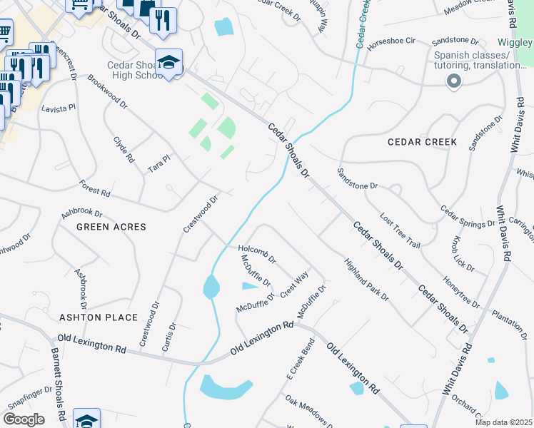map of restaurants, bars, coffee shops, grocery stores, and more near 329 McDuffie Drive in Athens