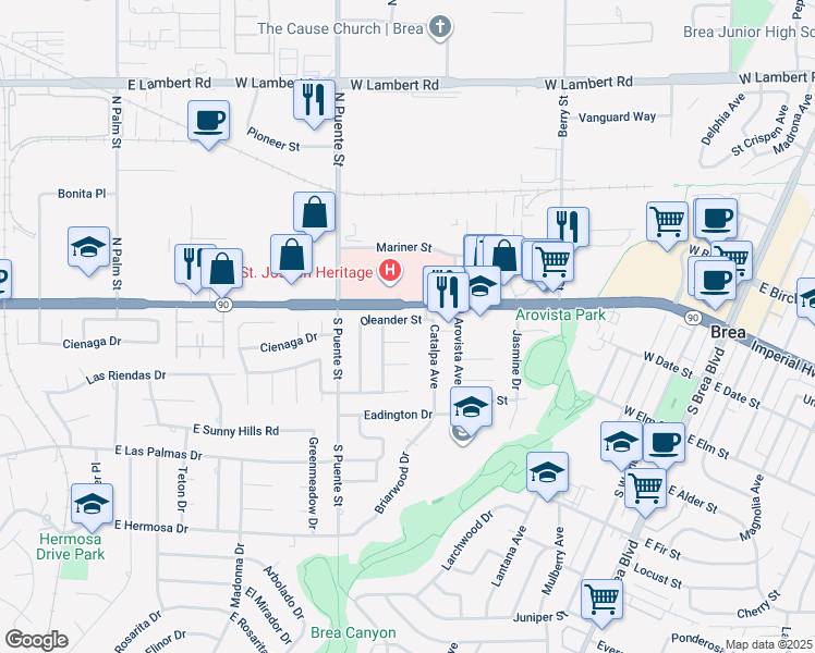 map of restaurants, bars, coffee shops, grocery stores, and more near 924 Oleander Street in Brea