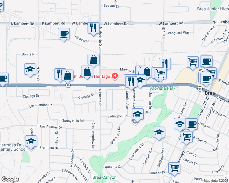 map of restaurants, bars, coffee shops, grocery stores, and more near 934 Oleander Street in Brea