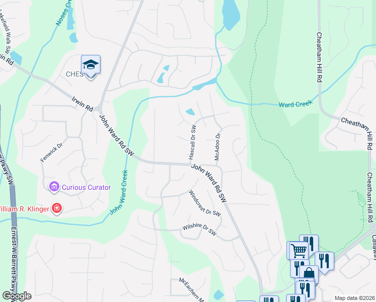 map of restaurants, bars, coffee shops, grocery stores, and more near 1570 Hascall Drive Southwest in Marietta