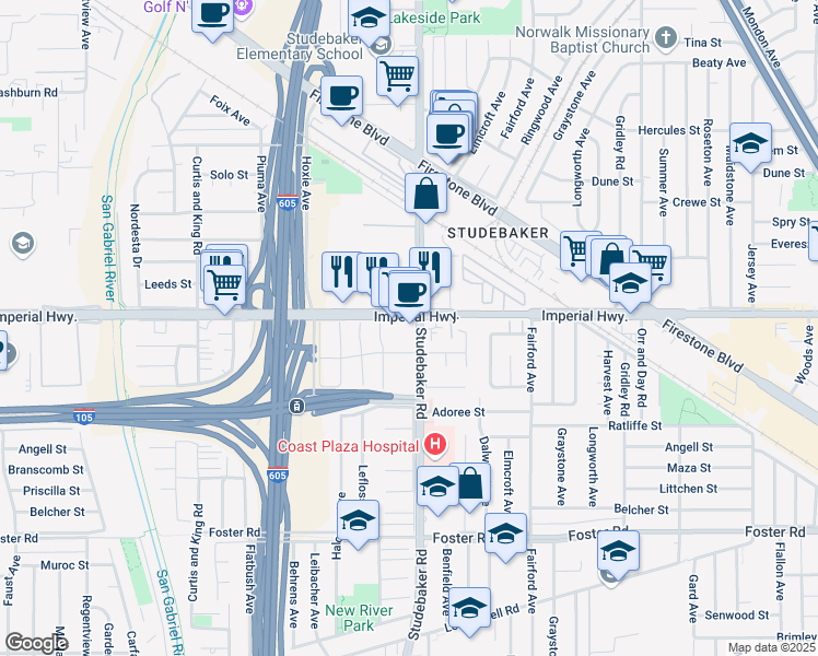 map of restaurants, bars, coffee shops, grocery stores, and more near in Norwalk