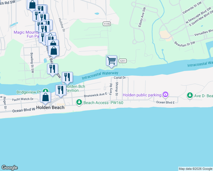map of restaurants, bars, coffee shops, grocery stores, and more near 108 Golden Dune Way in Holden Beach