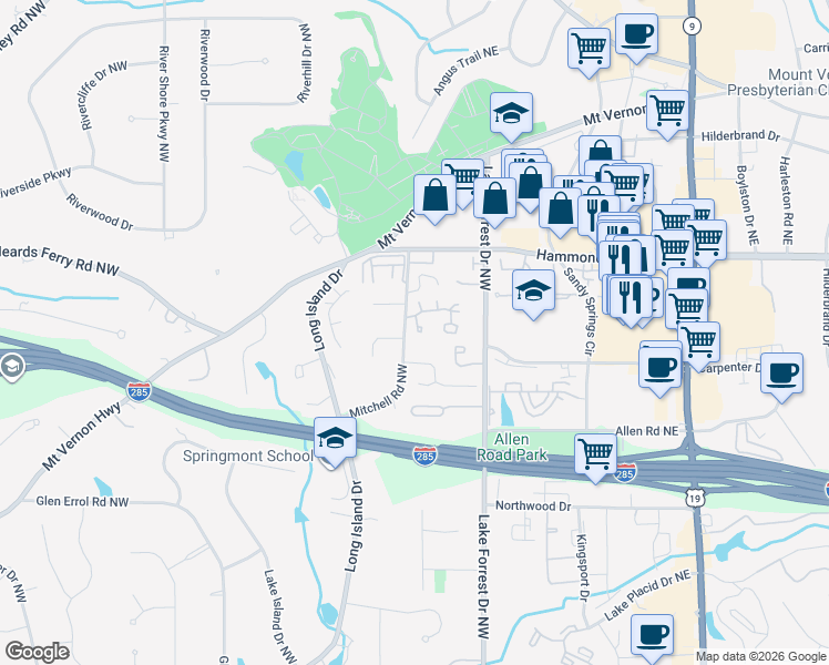 map of restaurants, bars, coffee shops, grocery stores, and more near 5 Ridgemere Trce in Atlanta