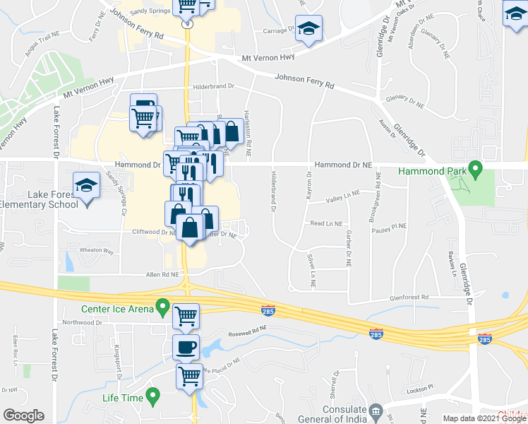 map of restaurants, bars, coffee shops, grocery stores, and more near 5920 Hilderbrand Drive in Atlanta