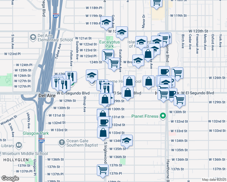 map of restaurants, bars, coffee shops, grocery stores, and more near 4731 West El Segundo Boulevard in Hawthorne
