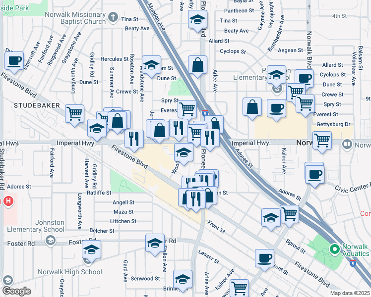 map of restaurants, bars, coffee shops, grocery stores, and more near 11728 Imperial Highway in Norwalk
