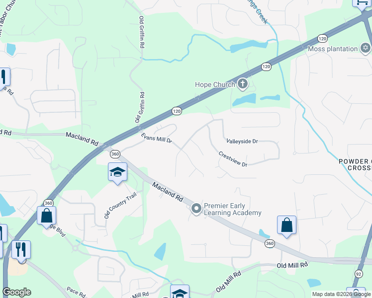 map of restaurants, bars, coffee shops, grocery stores, and more near 16 Valleyside Drive in Dallas