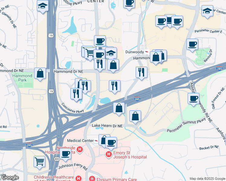 map of restaurants, bars, coffee shops, grocery stores, and more near 5909 Peachtree Dunwoody Road Northeast in Atlanta