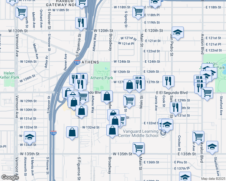 map of restaurants, bars, coffee shops, grocery stores, and more near 251 West El Segundo Boulevard in Los Angeles