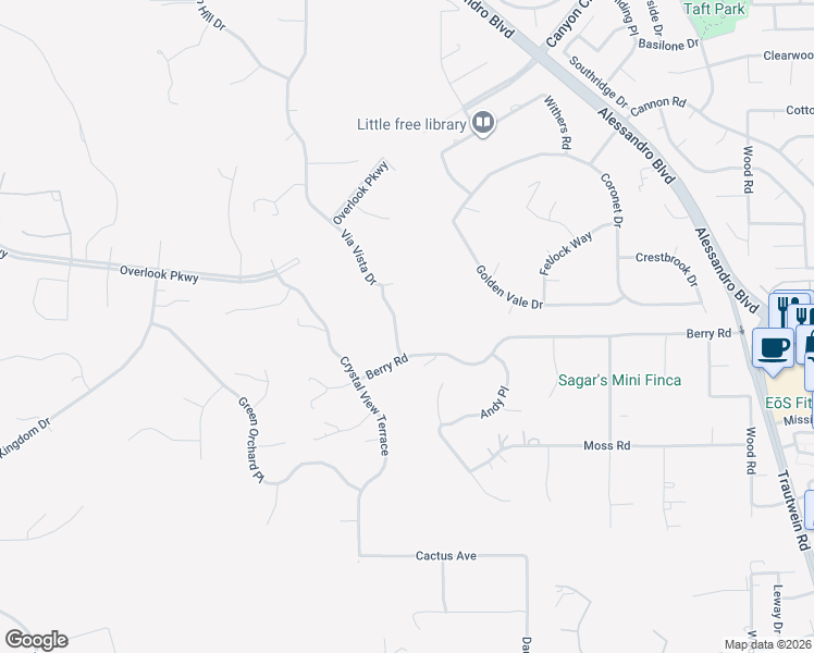 map of restaurants, bars, coffee shops, grocery stores, and more near 7390 Corinthian Way in Riverside