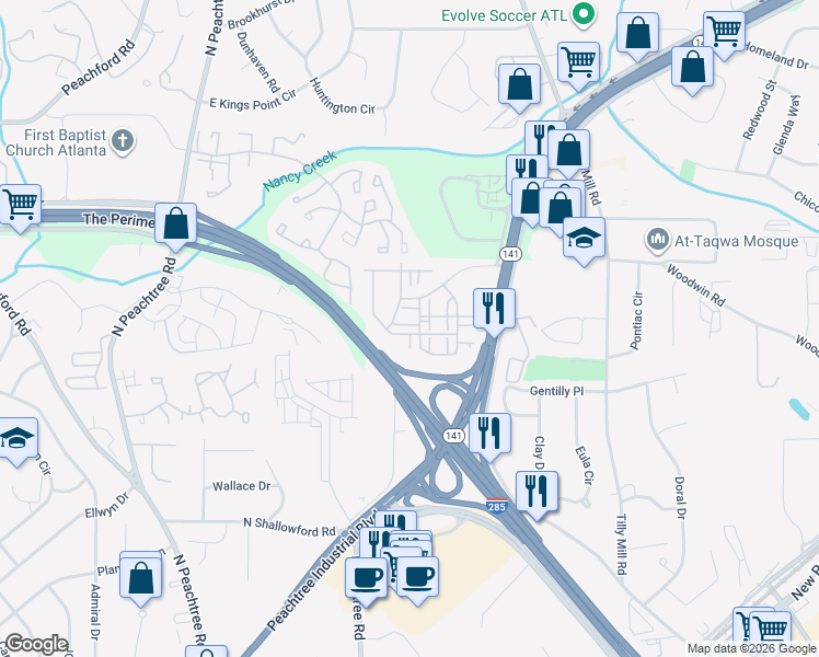 map of restaurants, bars, coffee shops, grocery stores, and more near 2701 Cedar Pine Way in Doraville