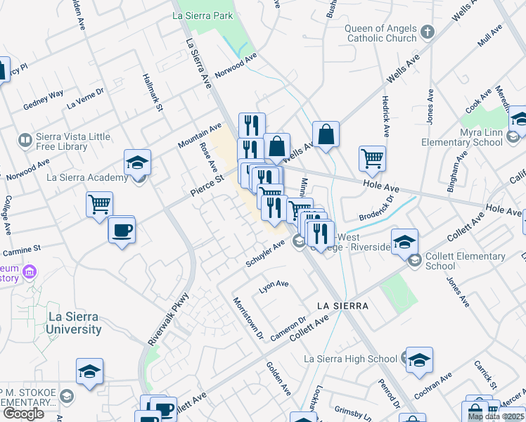 map of restaurants, bars, coffee shops, grocery stores, and more near 4716 La Sierra Avenue in Riverside