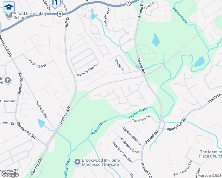 map of restaurants, bars, coffee shops, grocery stores, and more near 130 Rutherton Court in Lawrenceville