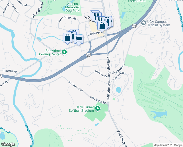 map of restaurants, bars, coffee shops, grocery stores, and more near 114 Pineview Drive in Athens