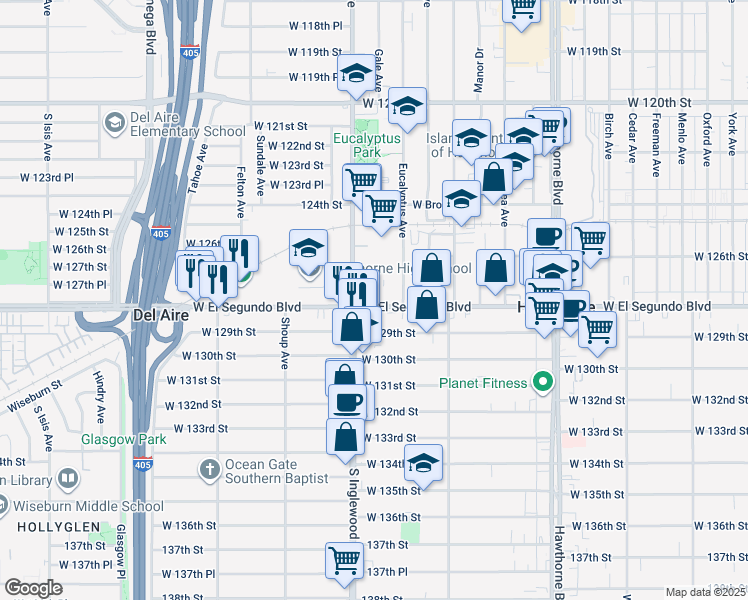 map of restaurants, bars, coffee shops, grocery stores, and more near 4743 West El Segundo Boulevard in Hawthorne