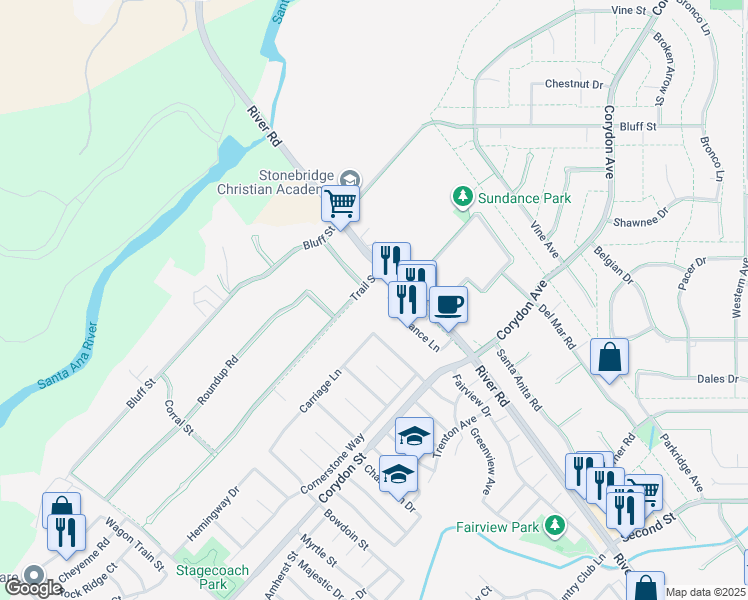 map of restaurants, bars, coffee shops, grocery stores, and more near 4349 Trail Street in Norco