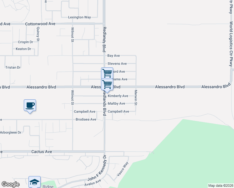 map of restaurants, bars, coffee shops, grocery stores, and more near 29090 Kimberly Avenue in Moreno Valley