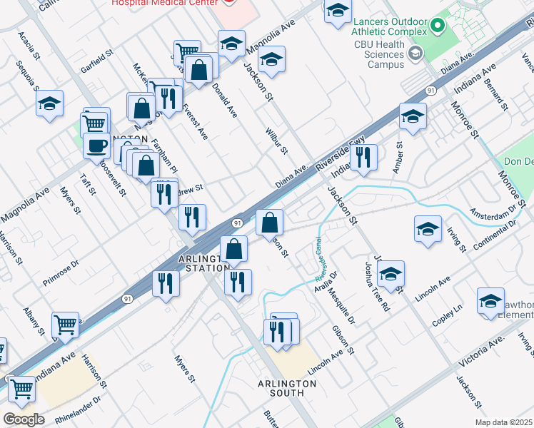 map of restaurants, bars, coffee shops, grocery stores, and more near 9279 Indiana Avenue in Riverside