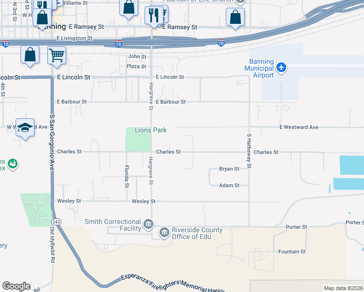 map of restaurants, bars, coffee shops, grocery stores, and more near 1075 Charles Street in Banning
