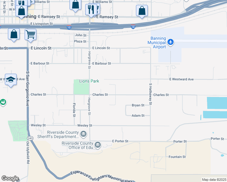 map of restaurants, bars, coffee shops, grocery stores, and more near 1151 Charles Street in Banning