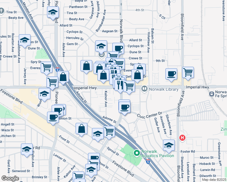 map of restaurants, bars, coffee shops, grocery stores, and more near 12116 Imperial Highway in Norwalk
