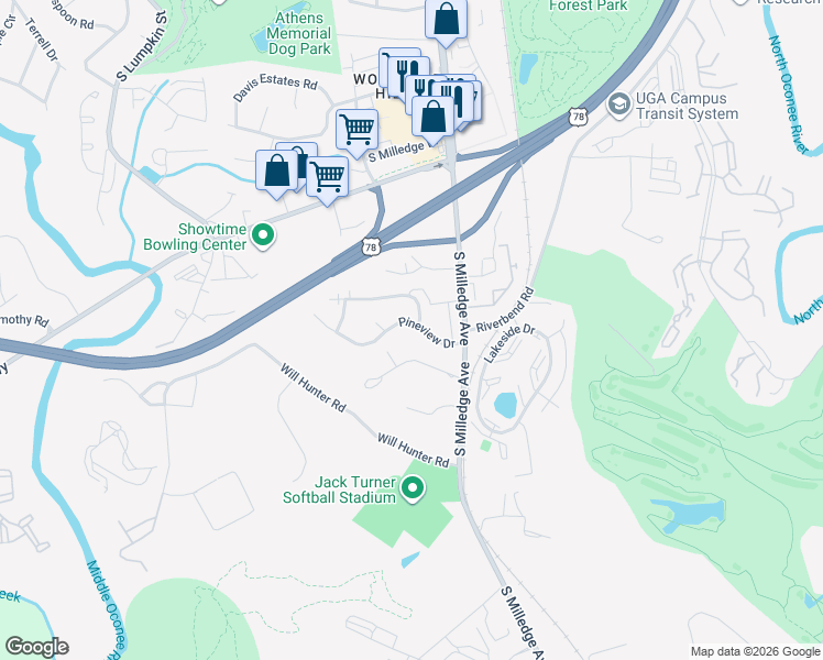 map of restaurants, bars, coffee shops, grocery stores, and more near 155 Pineview Drive in Athens