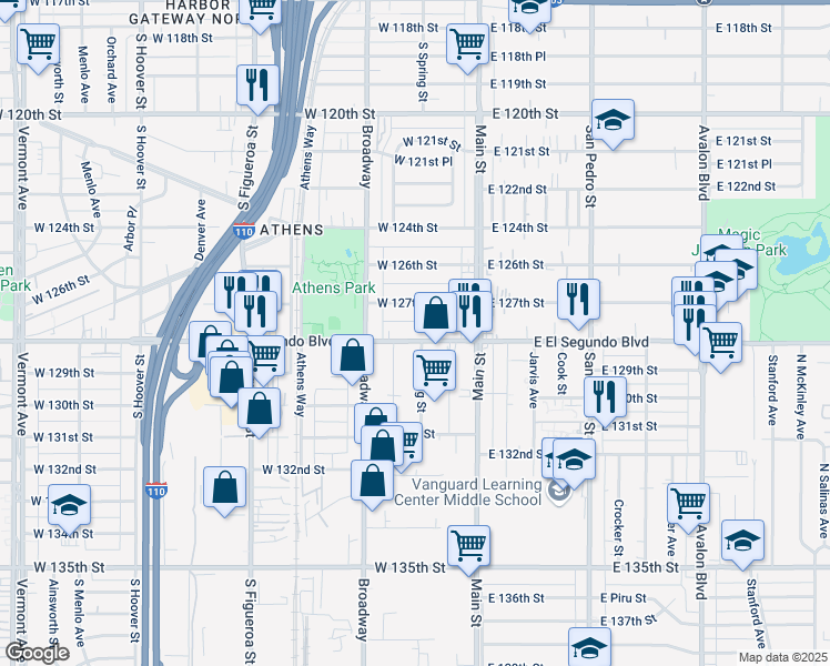 map of restaurants, bars, coffee shops, grocery stores, and more near 209 West El Segundo Boulevard in Los Angeles
