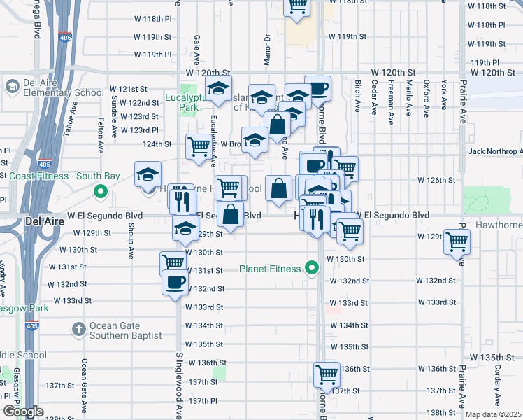 map of restaurants, bars, coffee shops, grocery stores, and more near 4549 West El Segundo Boulevard in Hawthorne