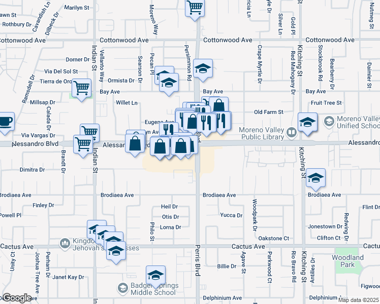 map of restaurants, bars, coffee shops, grocery stores, and more near 14001-14049 Perris Blvd in Moreno Valley