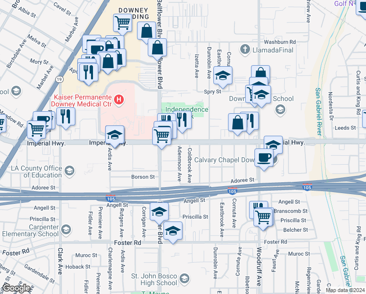 map of restaurants, bars, coffee shops, grocery stores, and more near 9556 Imperial Highway in Downey