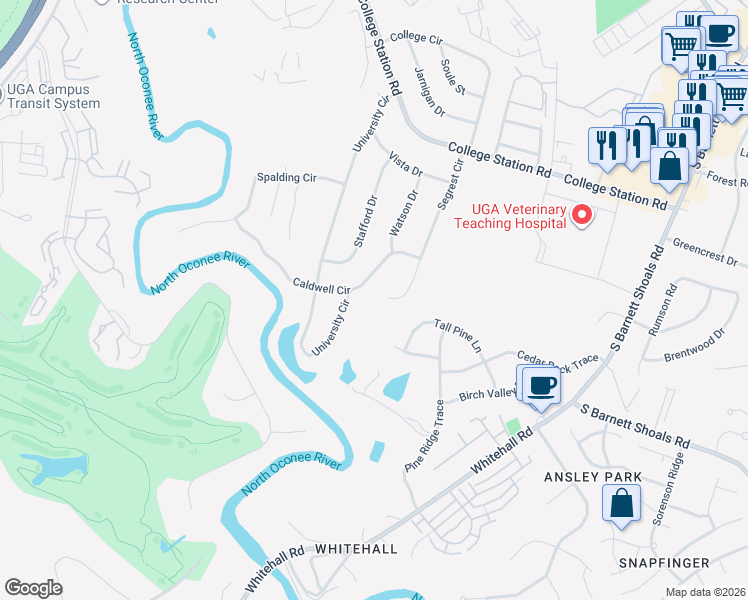 map of restaurants, bars, coffee shops, grocery stores, and more near 365 Segrest Circle in Athens