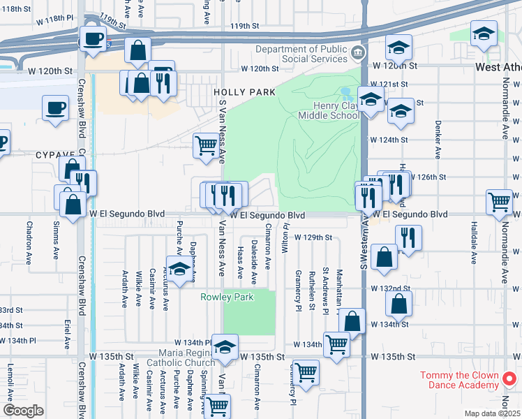 map of restaurants, bars, coffee shops, grocery stores, and more near 2058 Saint Andrews Way in Hawthorne