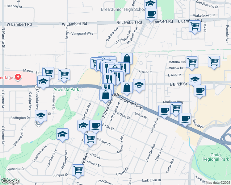 map of restaurants, bars, coffee shops, grocery stores, and more near 103 East Imperial Highway in Brea