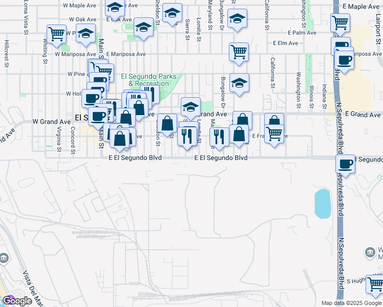 map of restaurants, bars, coffee shops, grocery stores, and more near 713 East El Segundo Boulevard in El Segundo