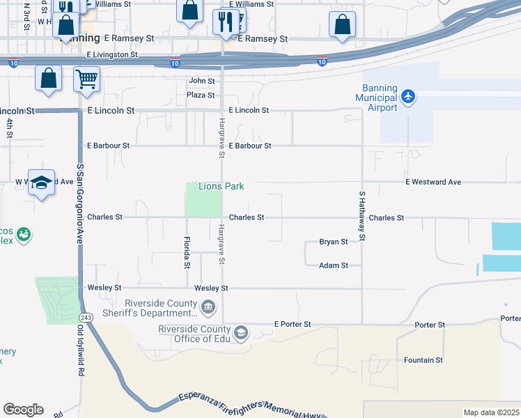 map of restaurants, bars, coffee shops, grocery stores, and more near 1113 Charles Street in Banning