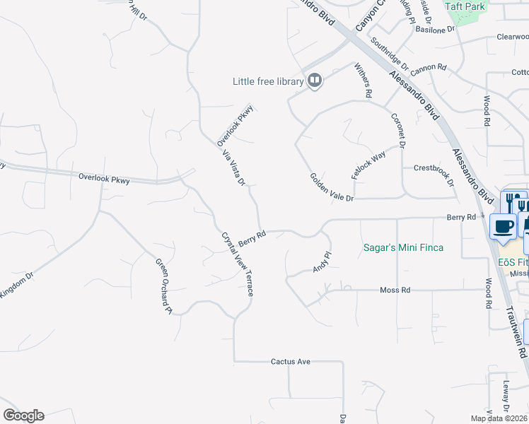 map of restaurants, bars, coffee shops, grocery stores, and more near 7390 Corinthian Way in Riverside