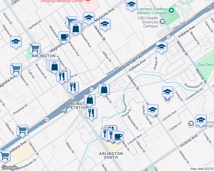 map of restaurants, bars, coffee shops, grocery stores, and more near 3418 Sidney Street in Riverside