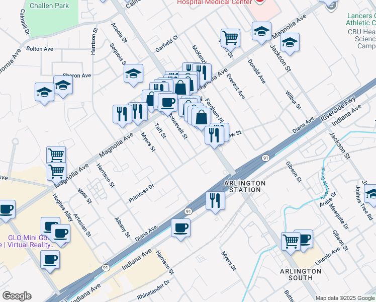 map of restaurants, bars, coffee shops, grocery stores, and more near 3608 Roosevelt Street in Riverside