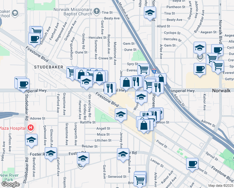 map of restaurants, bars, coffee shops, grocery stores, and more near 11505 Firestone Boulevard in Norwalk
